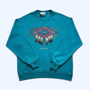 Vintage 1990s Arizona Native American Teal Graphic Crewneck Sweatshirt L
